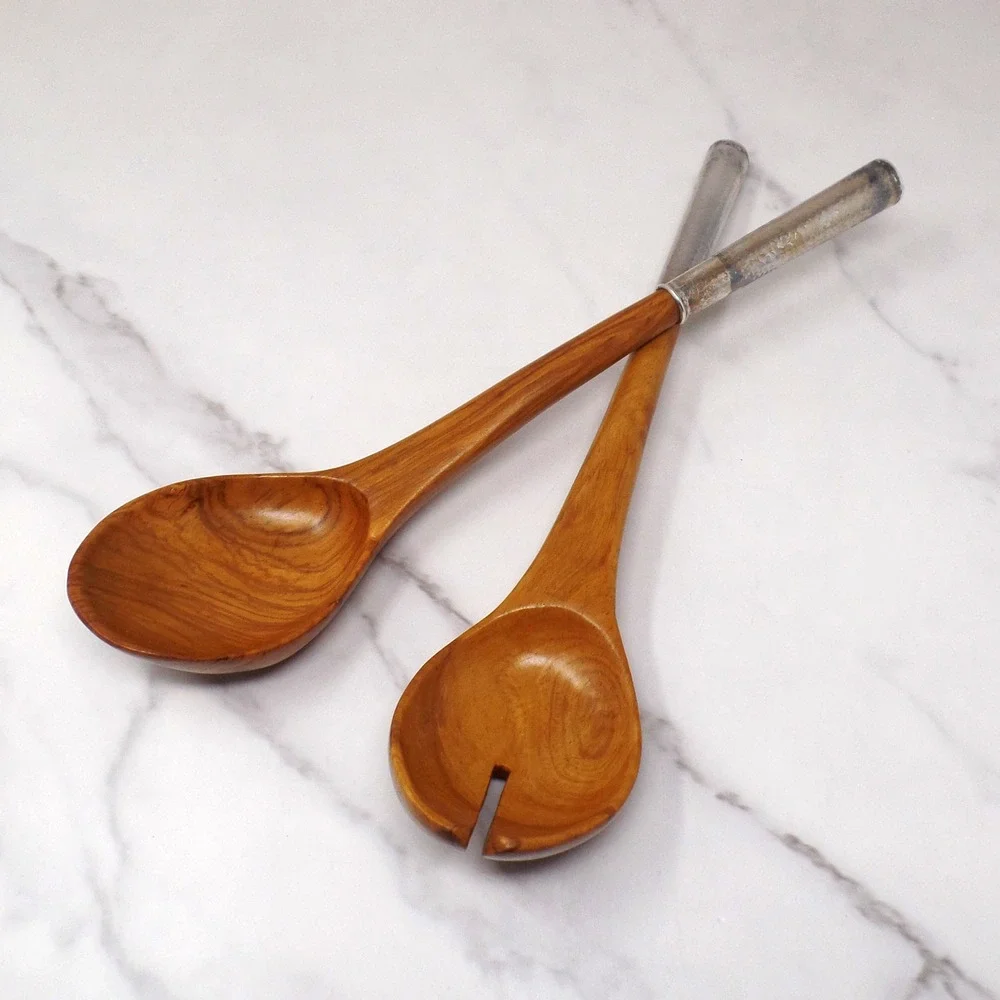 Vintage Peru 925 Sterling Silver Hammered Handle Wood Salad Servers Set 2pc 12in